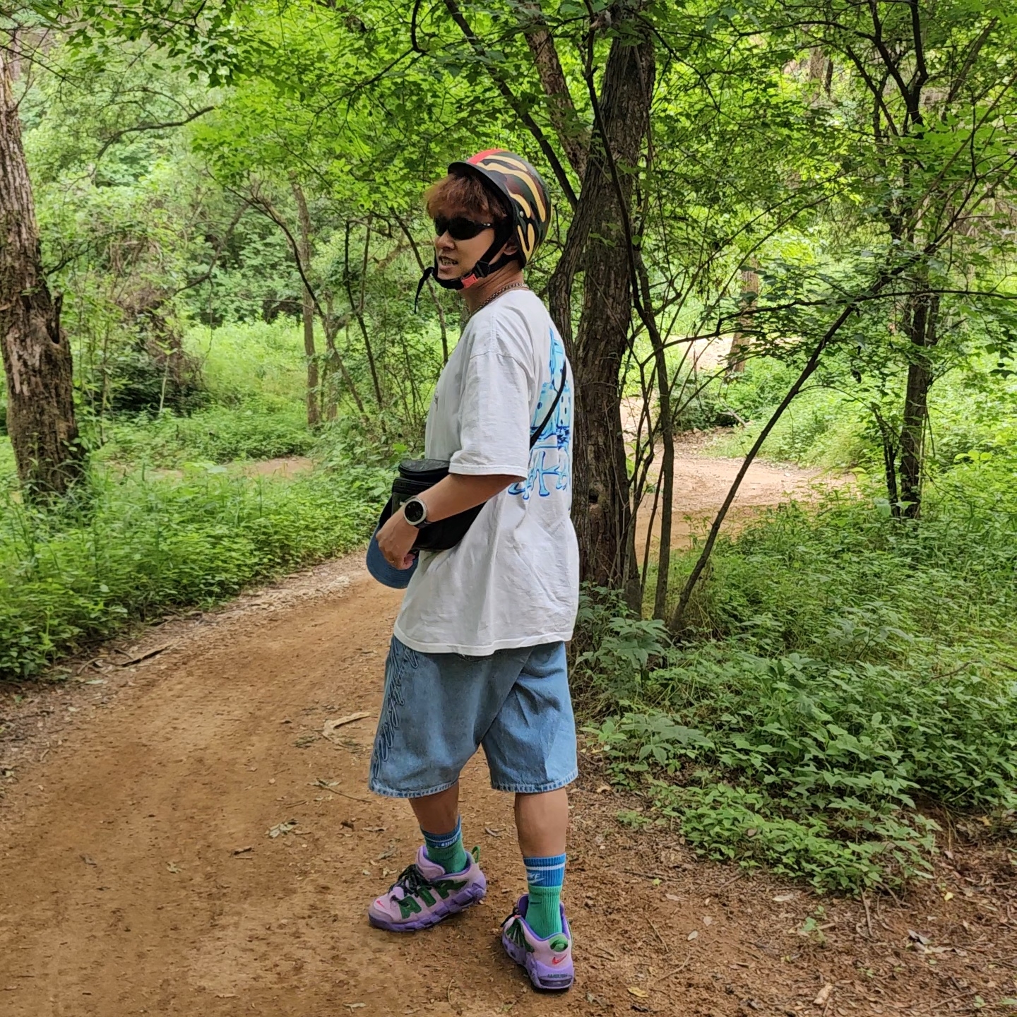 Nike x Ambush Air More Uptempo Low Lilac and Apple Green, Supreme Script Baggy Denim Short Washed Indigo - 24SS 착용 스타일 - 1
