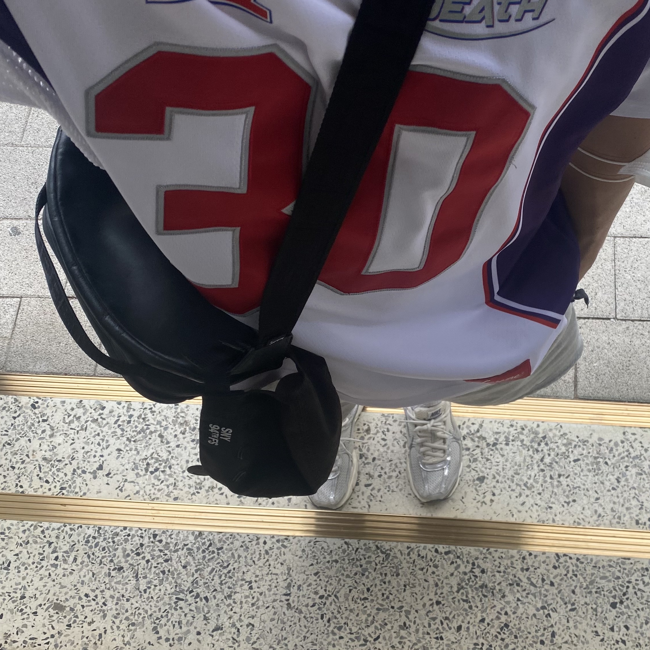 Supreme Sudden Death Football Jersey White - 24SS, Supreme Leather Waist Bag Black - 23FW 착용 스타일