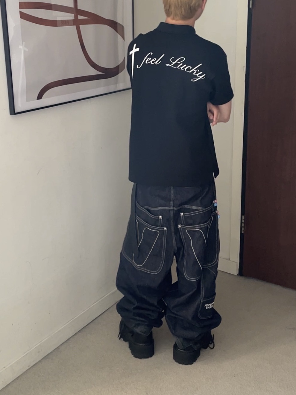 Protocol Index x Vandy The Pink Retro Baggy Denim Pants Indigo Blue, Balenciaga Stomper Bootie Black 착용 스타일 - 1