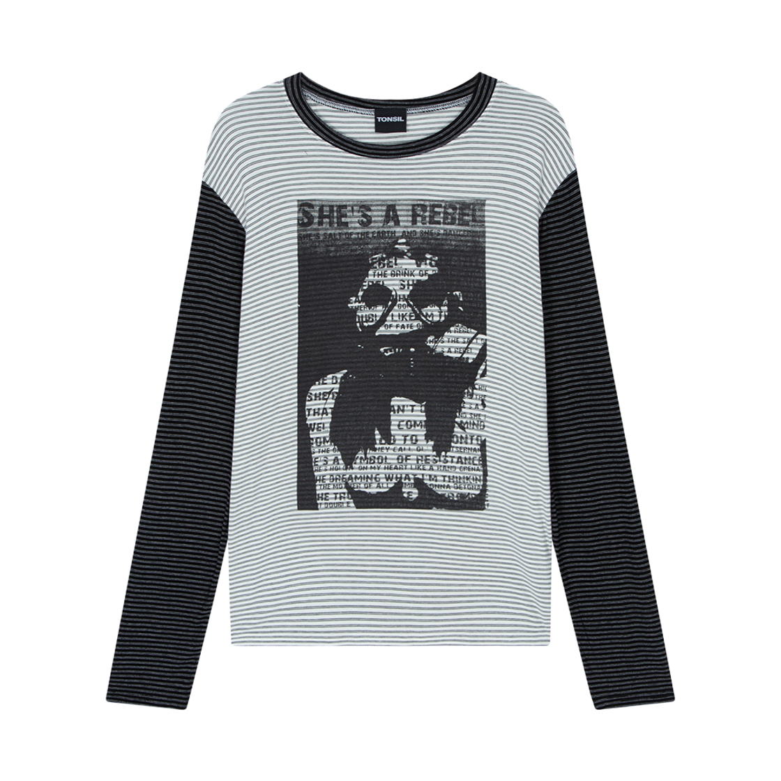 톤슬 그래픽 프린트 스트라이프 긴팔 티셔츠 화이트(TONSIL Graphic Printed Stripe T-Shirt White)
