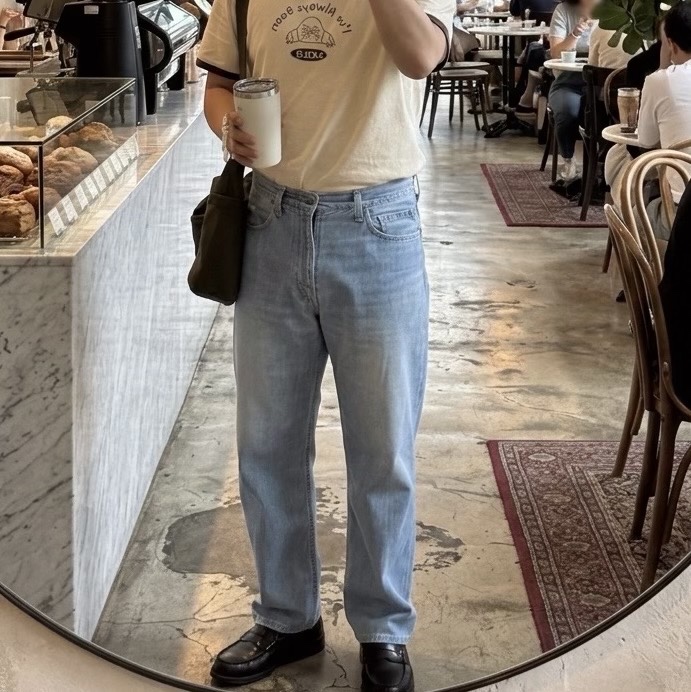IAB Studio x Lost in Starlight Mole Ringer T-Shirt Ivory Brown, Nanamica Wide Denim Pants Light Indigo 착용 스타일