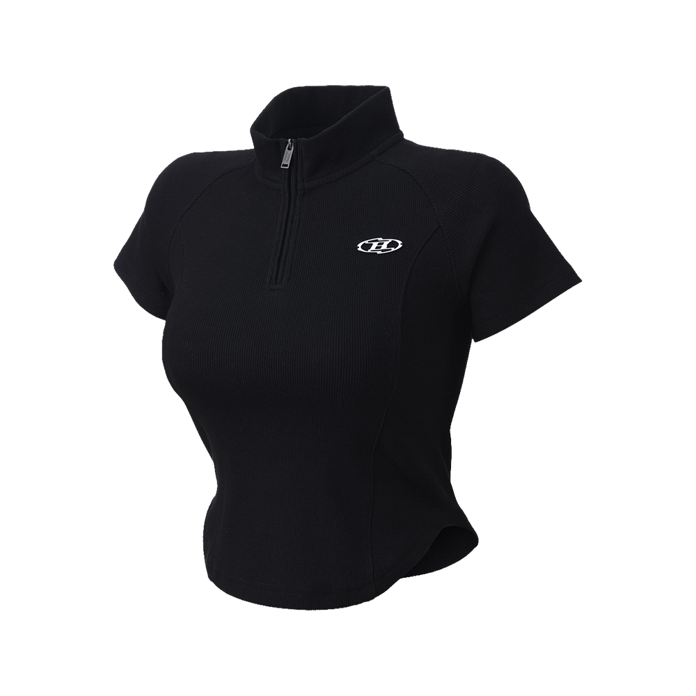 본투윈 W B 펜던트 리브드 하프집업 티셔츠 블랙(BORN TO WIN W B Pendant Ribbed Half Zip-Up T-Shirts Black)