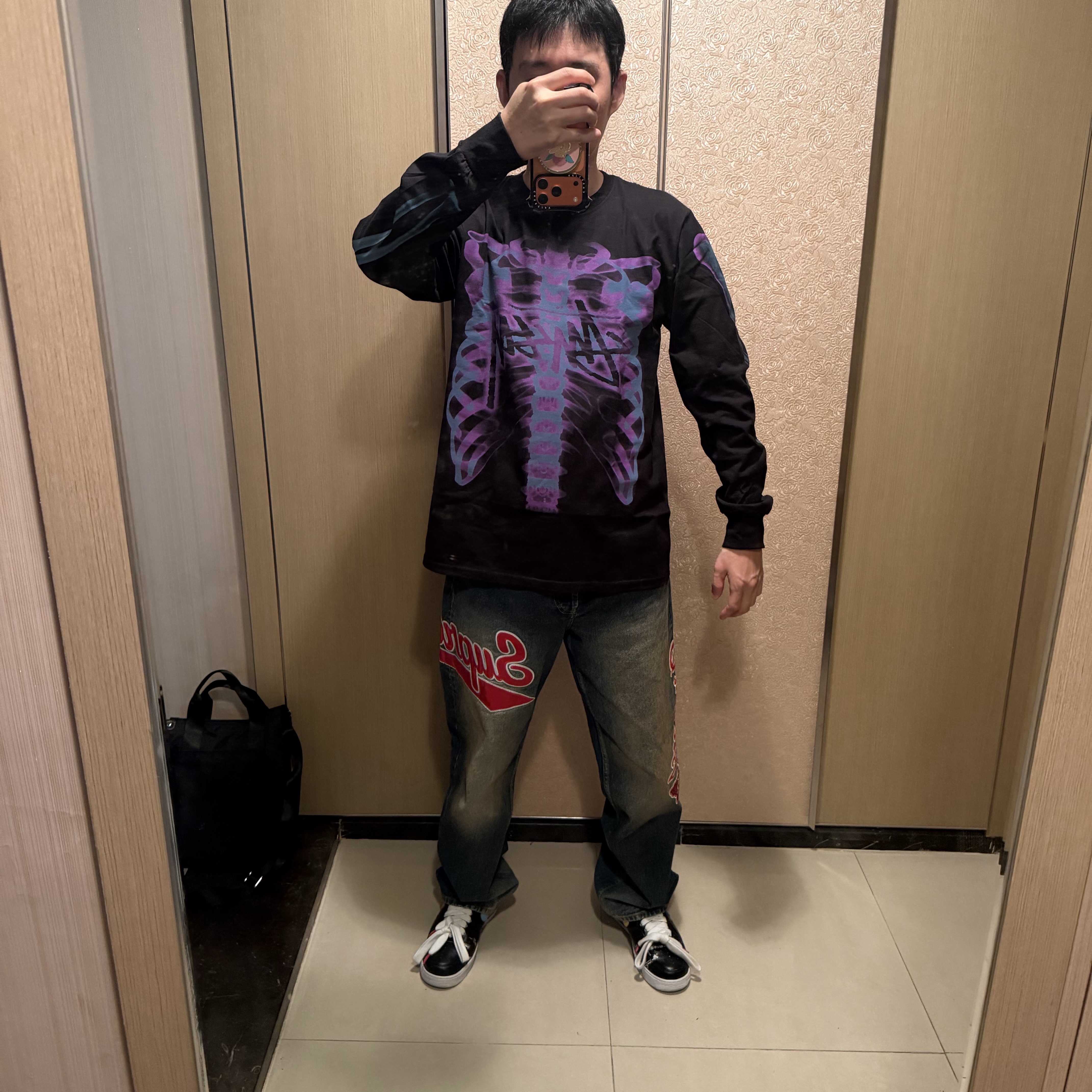 Stussy Rib Cage LS T-Shirt Black 착용 스타일 - 2