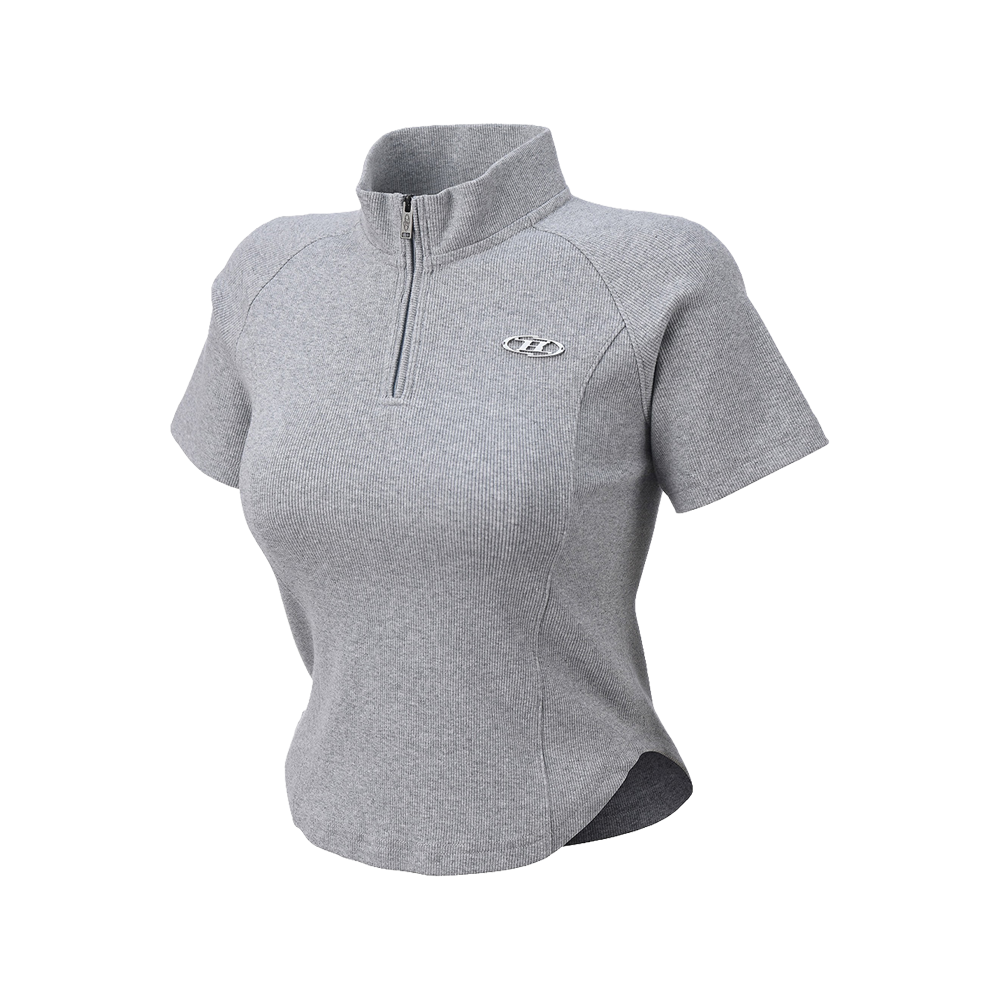본투윈 W B 펜던트 리브드 하프집업 티셔츠 멜란지 그레이(BORN TO WIN W B Pendant Ribbed Half Zip-Up T-Shirts Melange Grey)