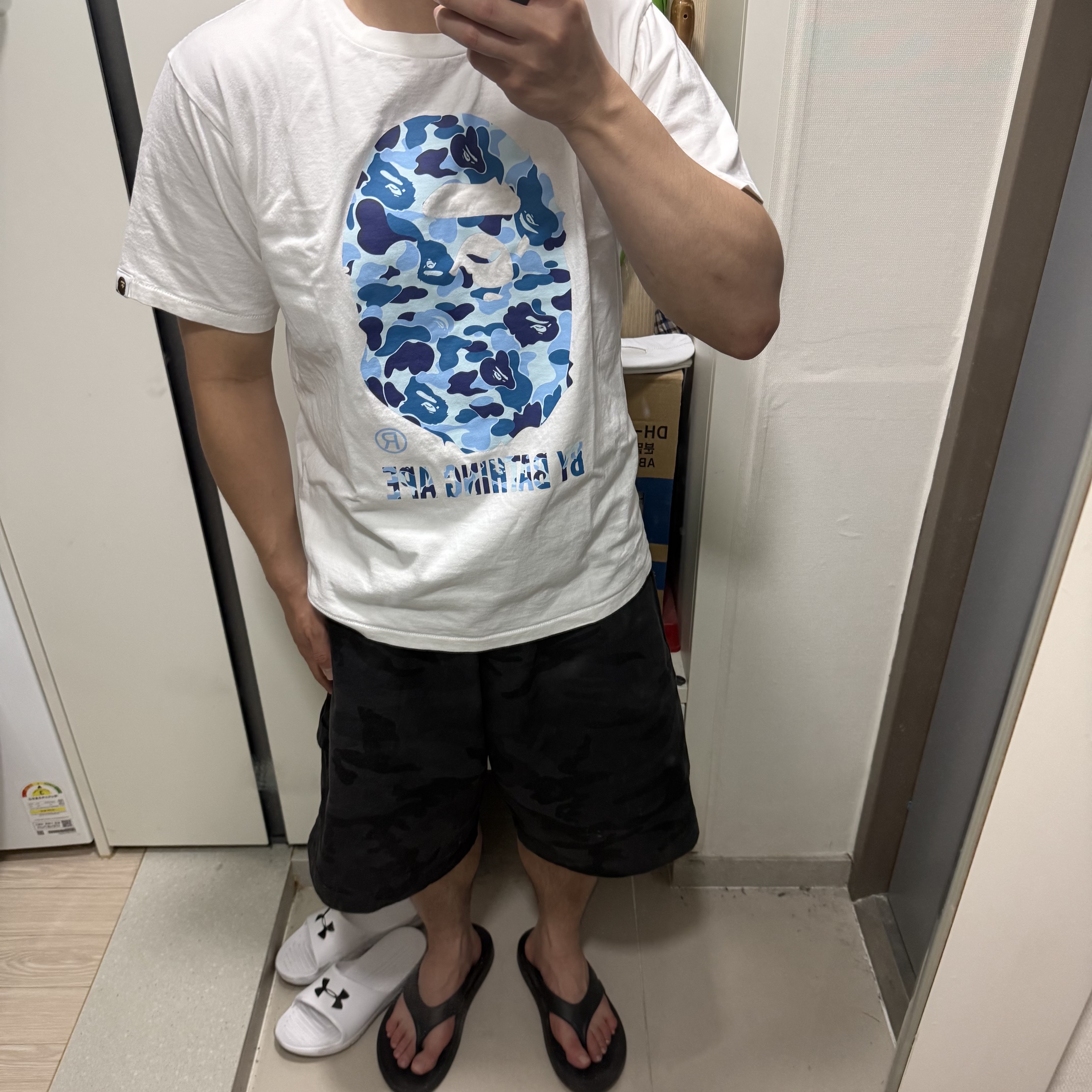 BAPE ABC Camo By Bathing Ape T-Shirt White Blue, SLOW RECORD HOUSE Carpenter Bermuda Wide Camo Pants Charcoal 착용 스타일