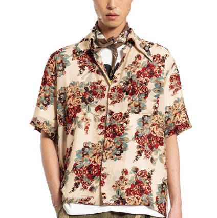 Kapital Silk Rayon Champagne Maria Pattern Wrangle Collar Aloha Shirt Kinari 착용 스타일