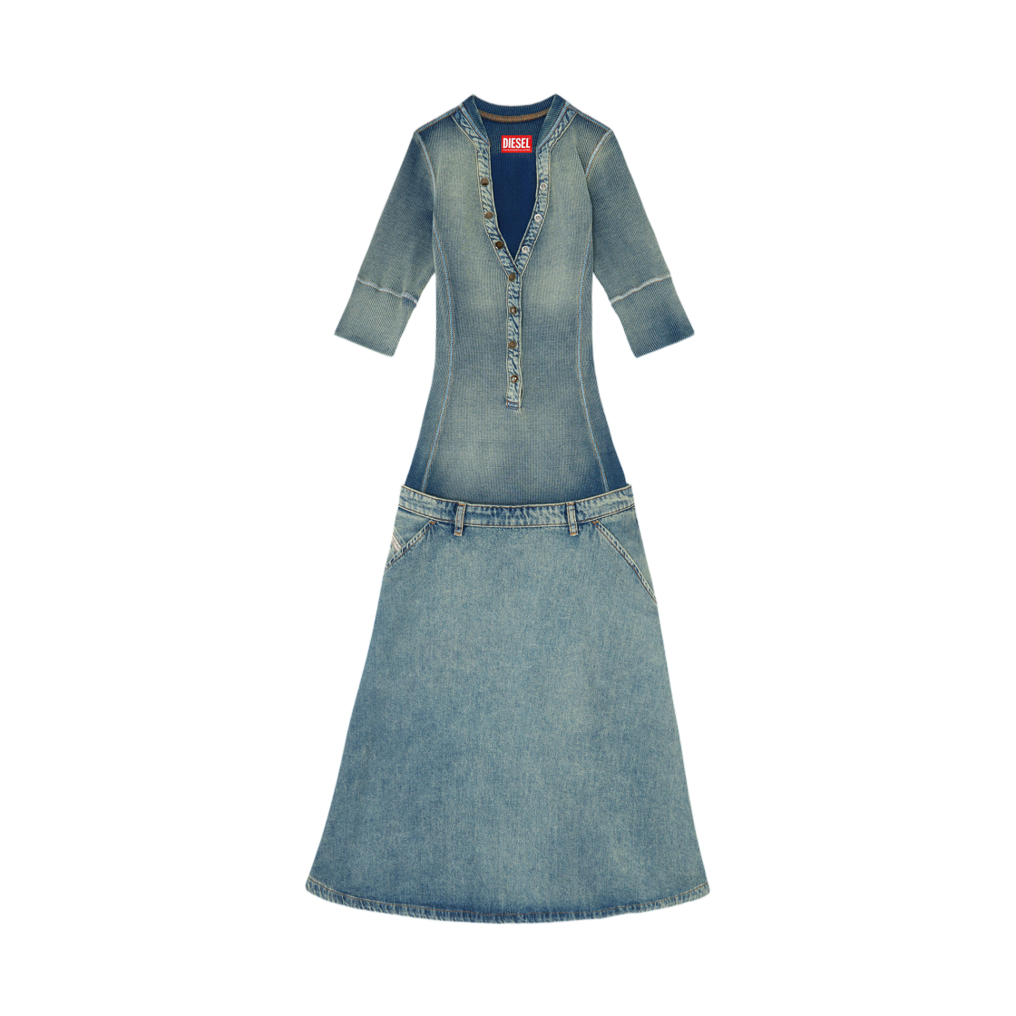 A230320IFBL-01 (W) Diesel Drop-Waist Midi Dress In Knit and Denim Medium Blue