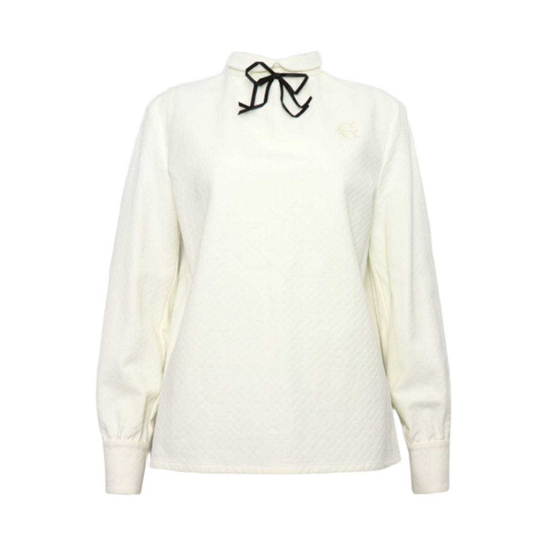 ITEHKS75T3IN Gucci White Cotton Ribbon Roll-Up Collar Baroque Embroidered Blouse