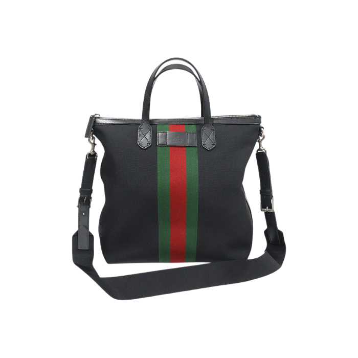 ITCHIUFRLHMF Gucci 619751 Black Tech Canvas WEB Stripe 2-Way Tote