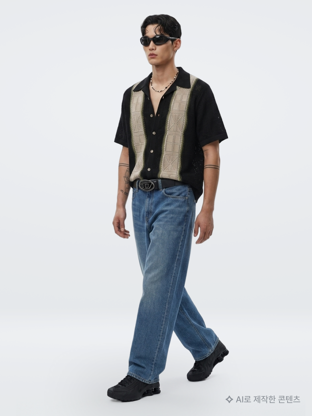 Kapital 12G Crochet Knit Tennessee Aloha Polo Black, (W) Diesel B-1DR 25 Leather Belt with Enamelled Buckle Black 착용 스타일 - 2
