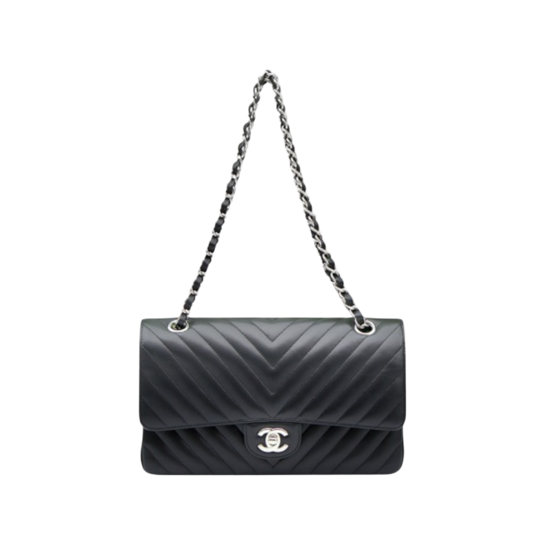 IT2M4R2GMNUN Chanel Black Chevron Calfskin Silver CC Logo Classic Medium Flap Shoulder Bag