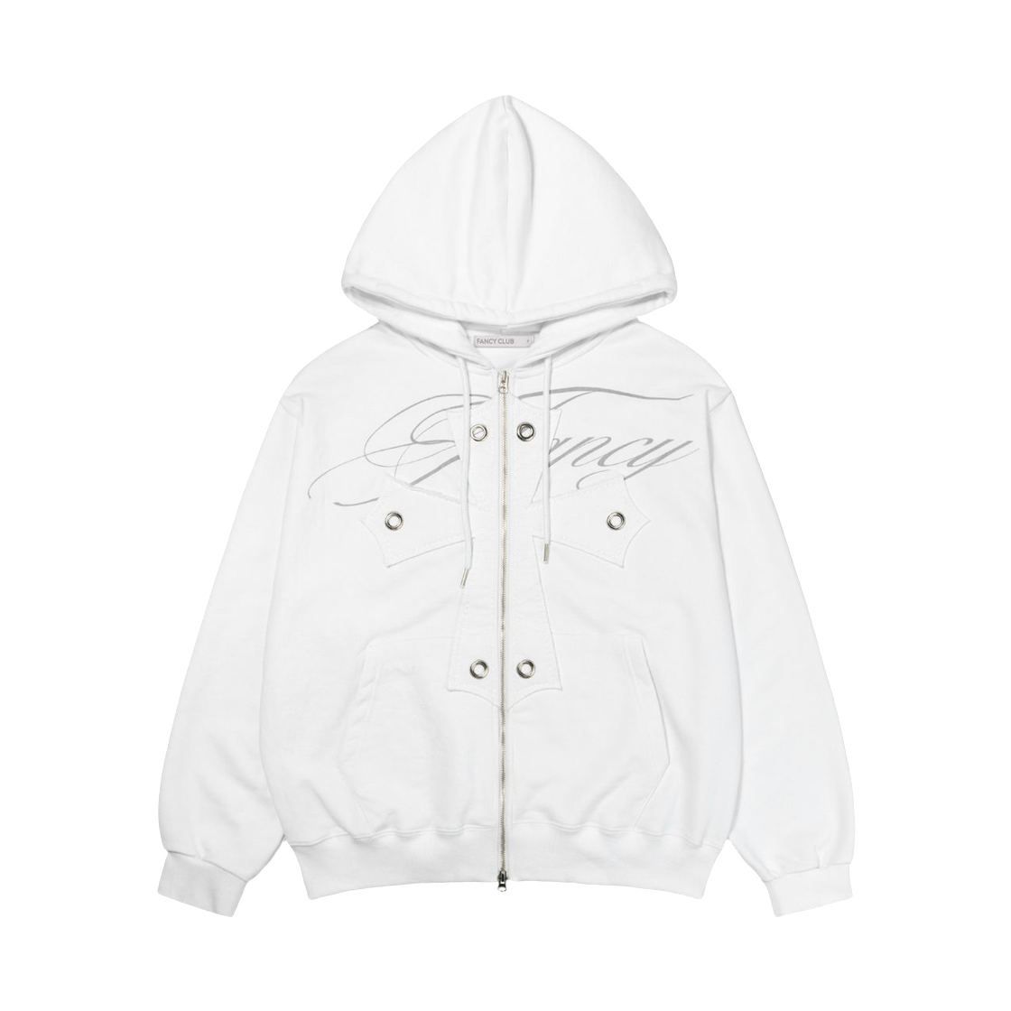 (W) 팬시 클럽 빅 크로스 아일렛 후드 집업 화이트((W) Fancy Club Big Cross Eyelet Hoodie Zip Up White)
