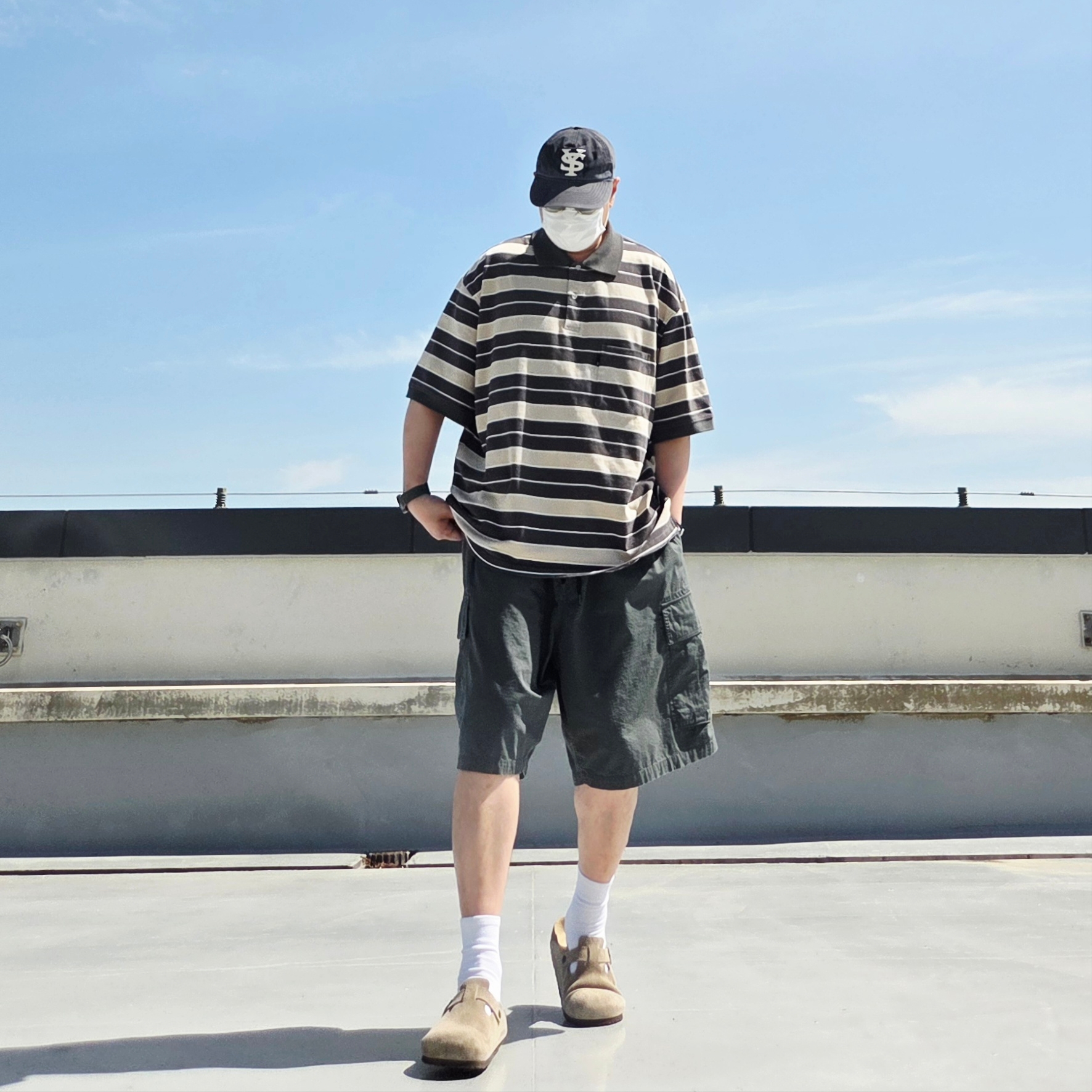 [SS26] moif Baggy Field Shorts Ripe Olive, Sunday Ceremony Sy Logo 5 Panel Cotton Cap - Navy 착용 스타일 - 3