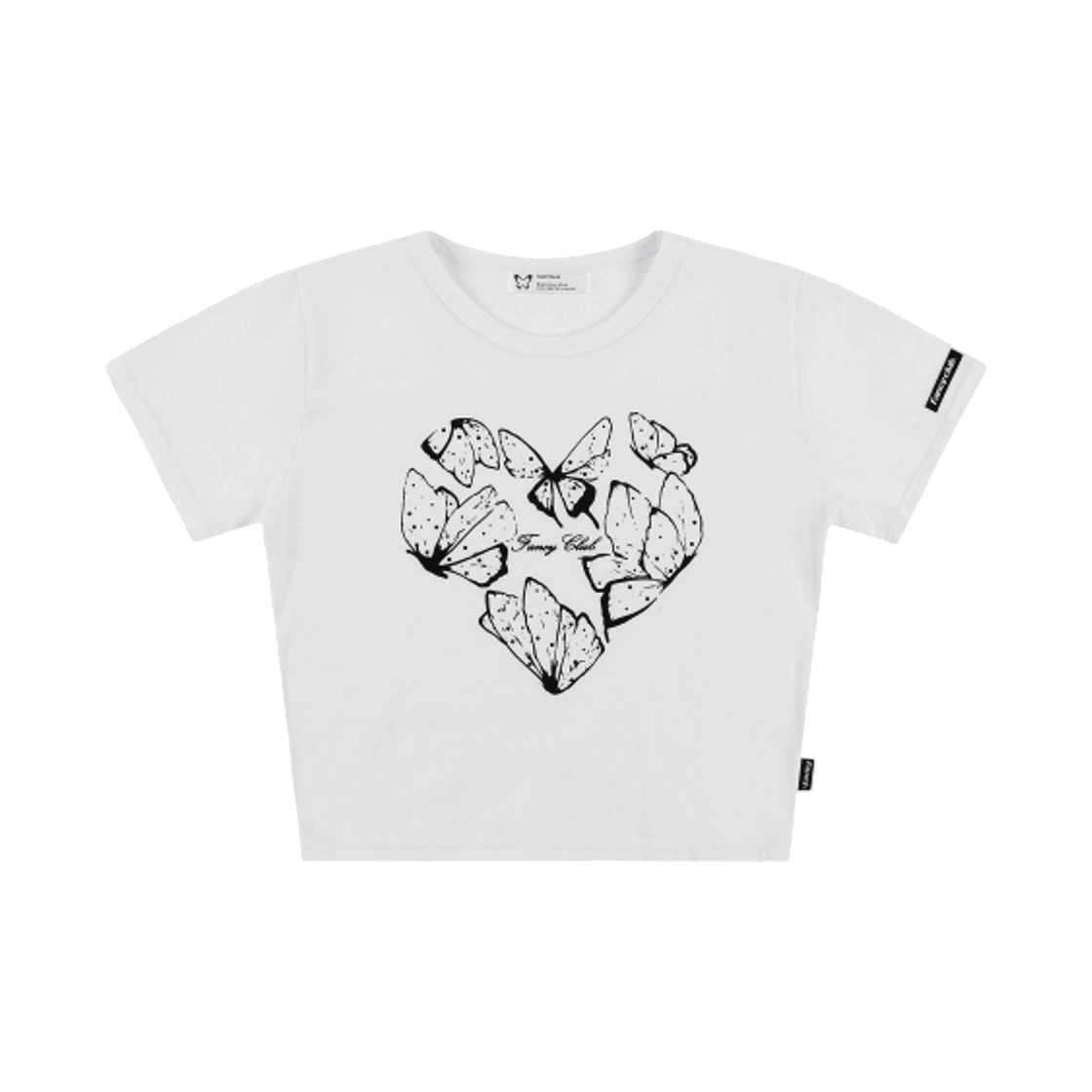 (W) 팬시 클럽 하트 버터플라이 크롭 티셔츠 화이트((W) Fancy Club Heart Butterfly Cropped T-Shirt White)