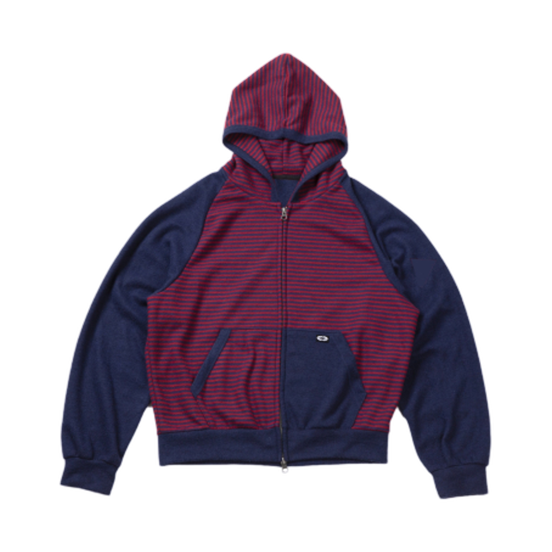 이알티알 언밸런스드 스트라이프 투웨이 후드 집업 레드 네이비(ERTR Unbalanced Stripe 2Way Hoodie Zip Up Red Navy)