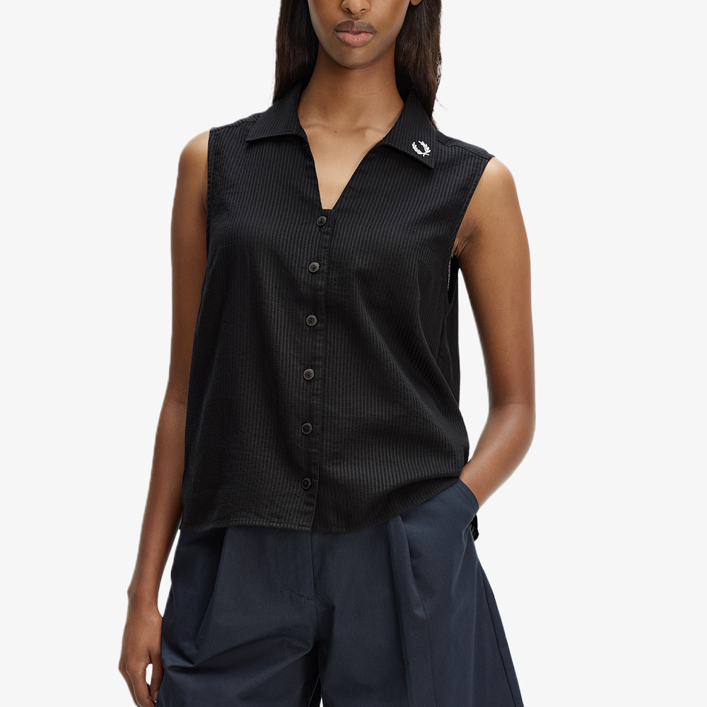 프레드페리 우먼즈 시어 스트라이프 슬리브리스 셔츠 블랙(Fred Perry Womens Sheer Stripe Sleeveless Shirt Black) - 3