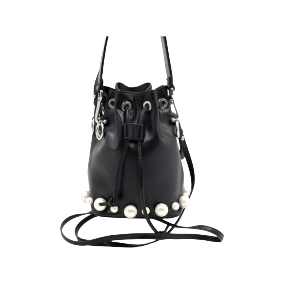 IT7GEPK72VNL Fendi Montrezzo Black Leather Pearl-Detail Drawstring Bag
