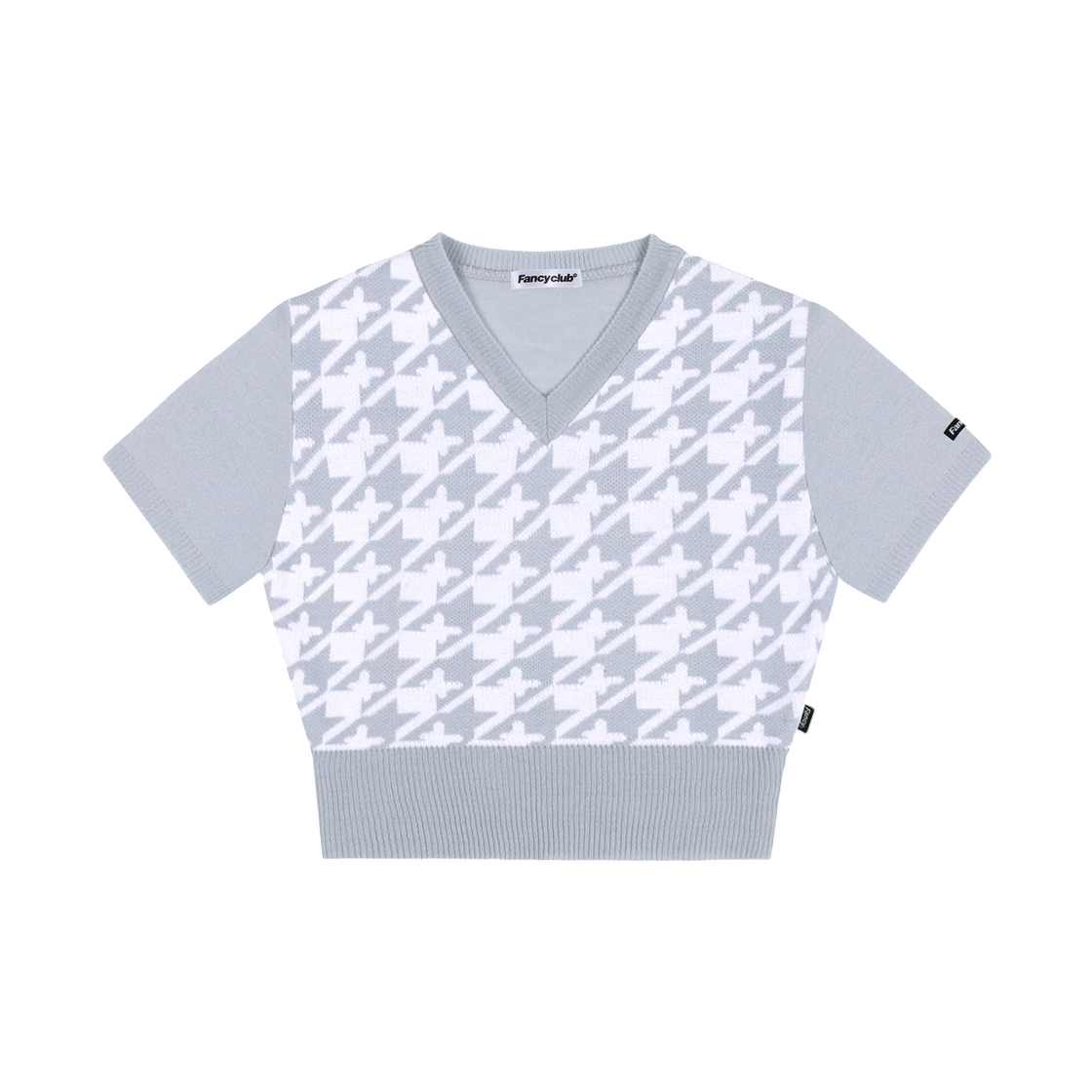 (W) 팬시 클럽 하운드 투스 체크 크롭 니트 티셔츠 스카이 블루((W) Fancy Club Hound Tooth Check Cropped Knit T-Shirt Sky Blue)
