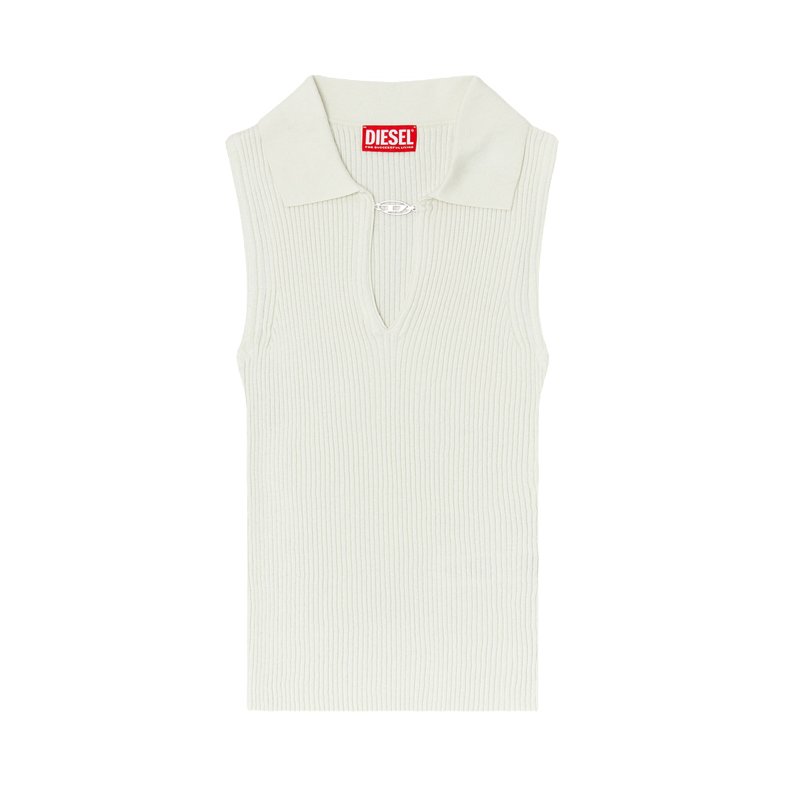 (W) 디젤 슬리브리스 립-니트 폴로 탑 인 실크 블렌드 화이트((W) Diesel Sleeveless Rib-Knit Polo Top In Silk Blend White) - 1
