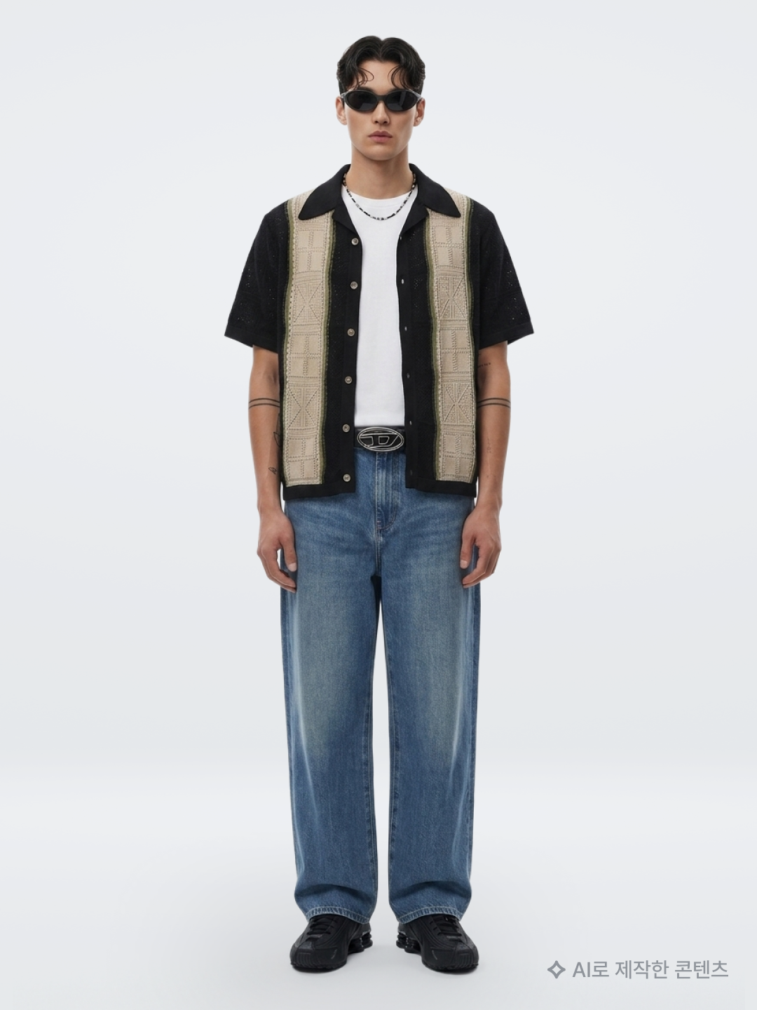 Kapital 12G Crochet Knit Tennessee Aloha Polo Black, (W) Diesel B-1DR 25 Leather Belt with Enamelled Buckle Black 착용 스타일 - 1