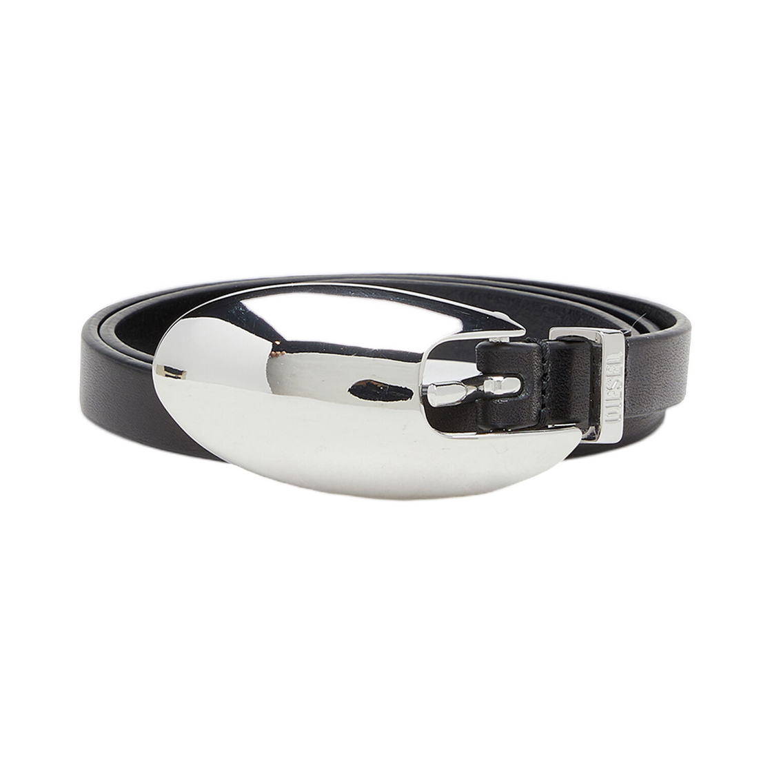 X10864P9186-H6528 (W) Diesel 1.5cm Slim Leather Belt with Sculptural Buckle Black