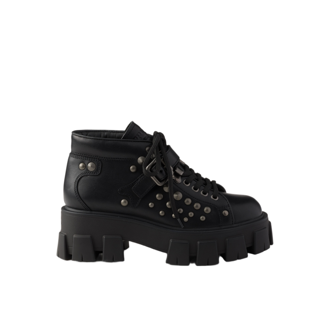 1T487O-V69-F0002 (W) Prada Monolith Studded Leather Booties Black