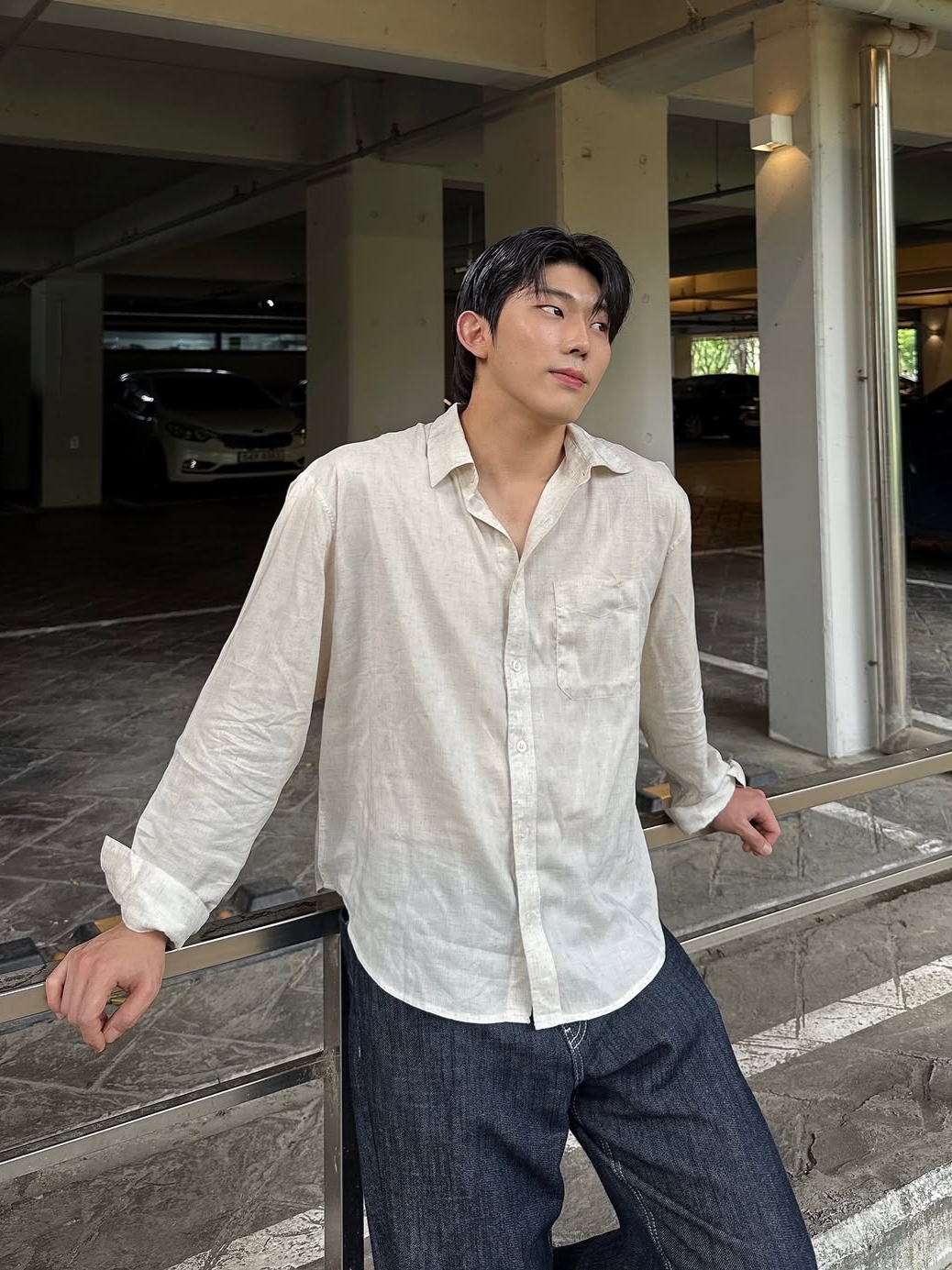Knitted Linen Crop Shirts Linen, Knitted Linen Crop Shirts Navy 착용 스타일 - 1
