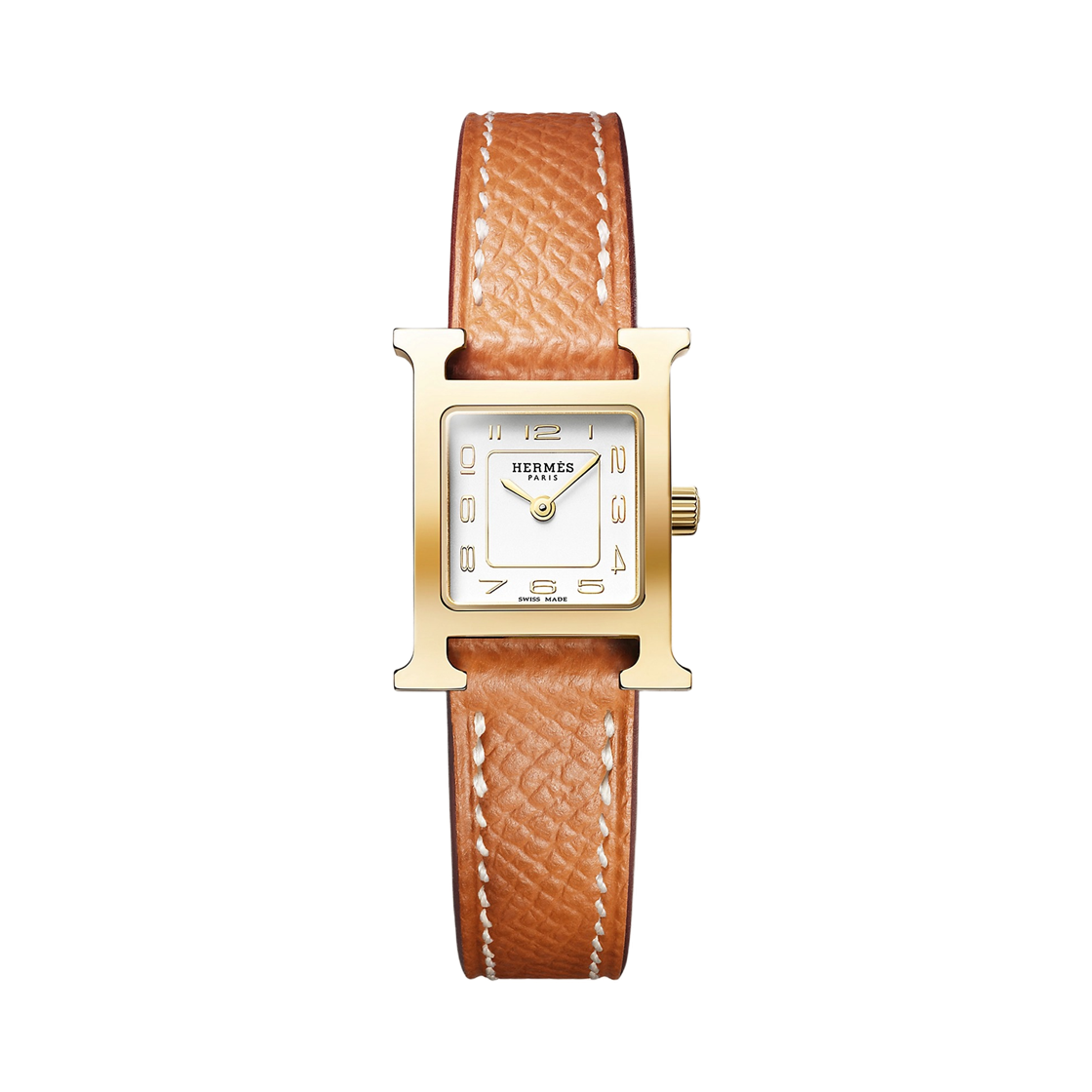 W404370WW00 Hermes Heure H Watch Mini Gold Chestnut Epsom Calfskin Strap & Yellow Gold Steel