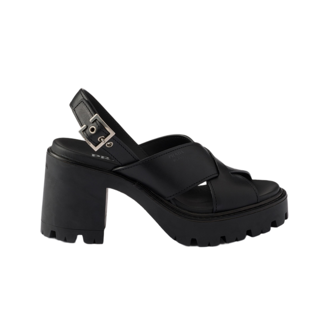 1X517O-070-F0002 (W) Prada Crisscross Leather Platform Sandals Black
