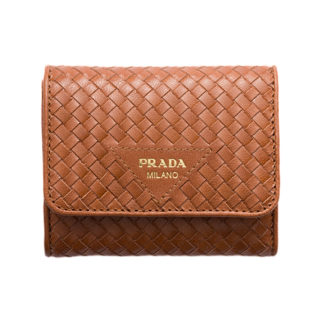 1MH043-2BE1-F0046 Prada Small Woven Madras Leather Wallet Cognac