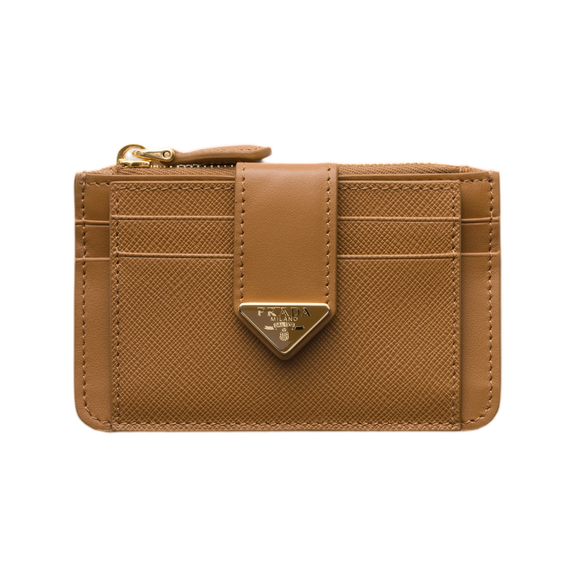 1MC038-2DYG-F03BH Prada Saffiano and Smooth Leather Card Holder Caramel