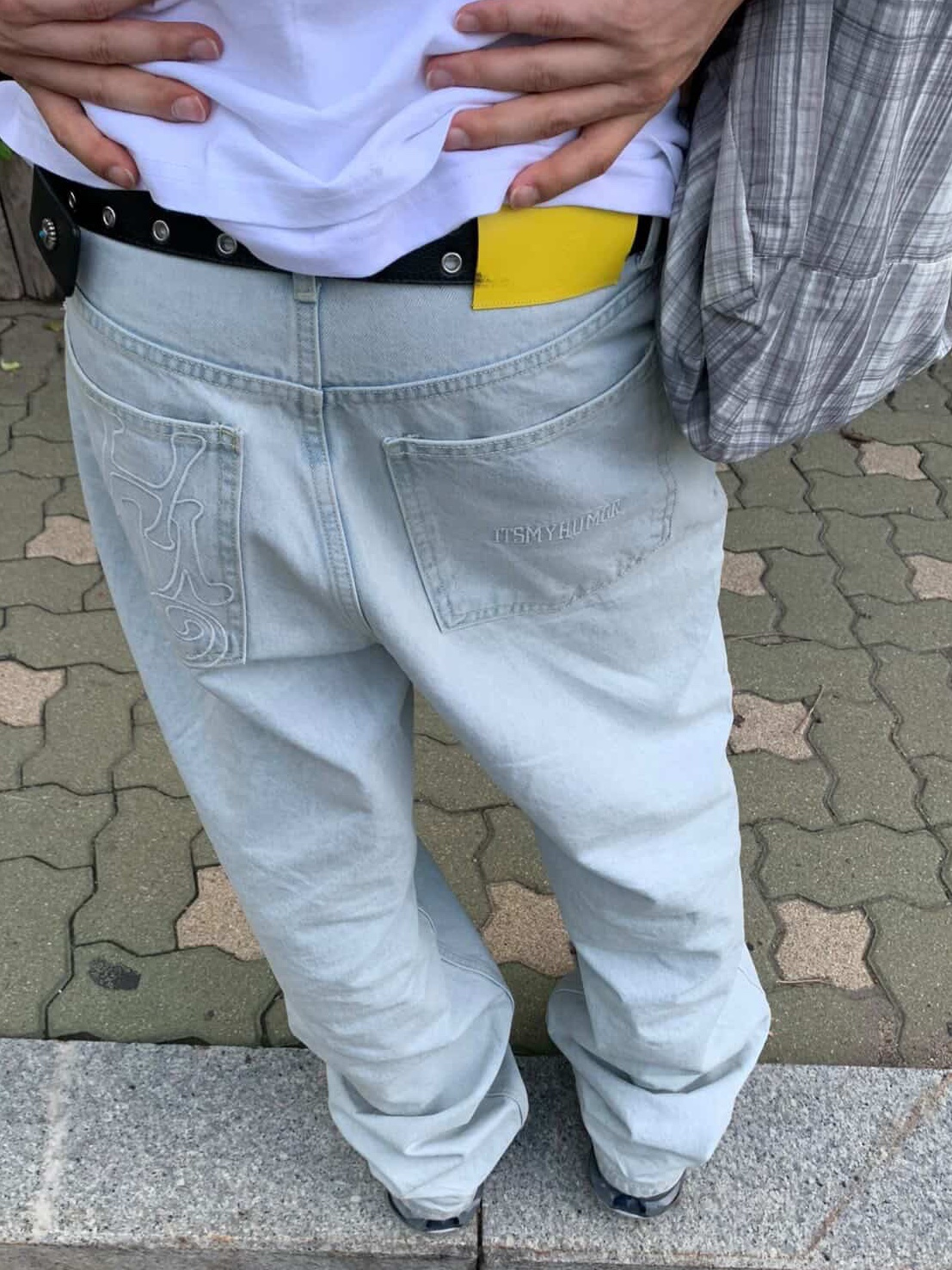 ITSMYHUMOR Cheese Patch Baggy Pants Ice Blue, Asics Gel-Kinetic 2.0 Pure Silver Blue Coast 착용 스타일 - 2