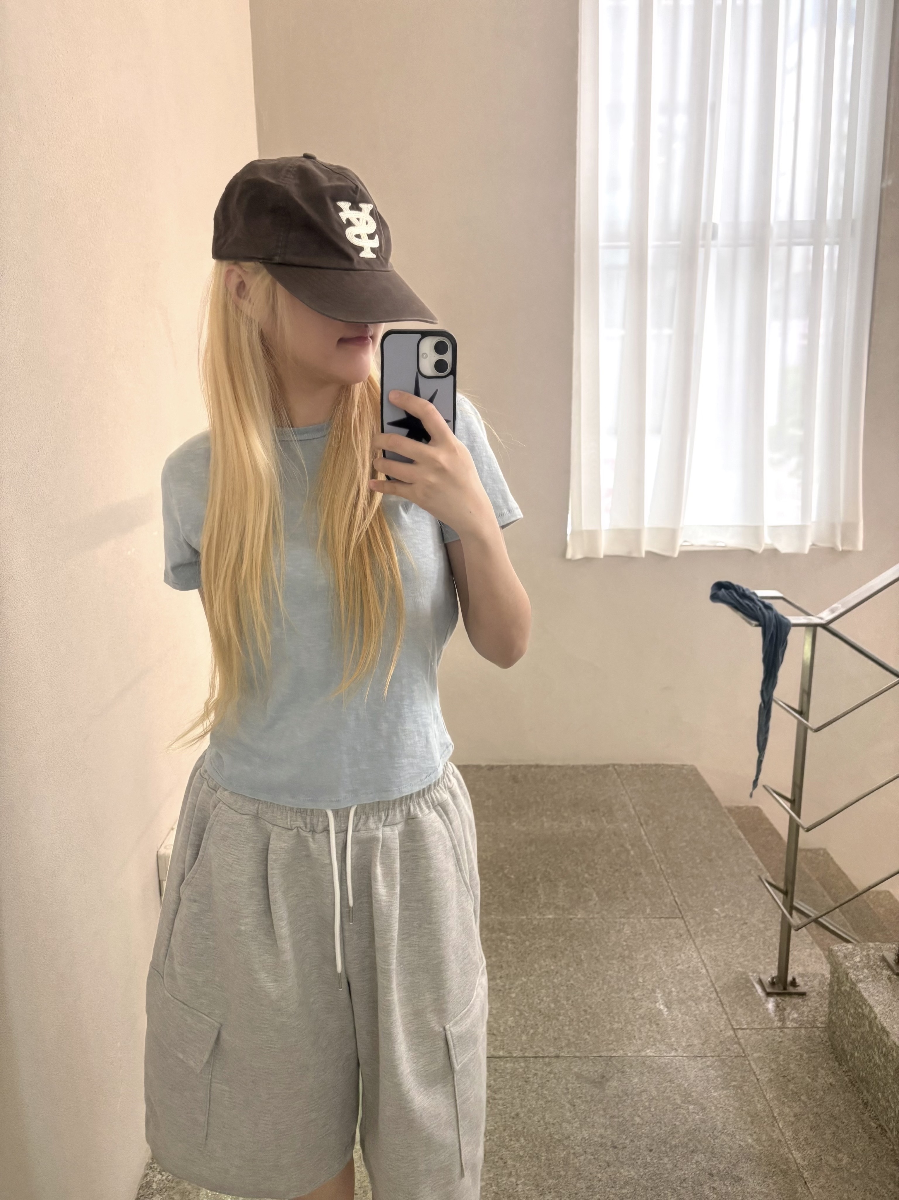Sunday Ceremony Sy Logo 5 Panel Cotton Cap - Brown, (W) SUNDAY CEREMONY Natural Dyed Basic Slub Tee - Ash Indigo 착용 스타일