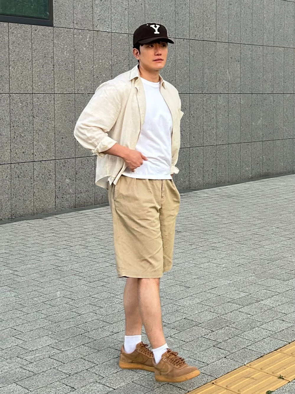 Knitted Linen Crop Shirts Linen, Knitted Linen Crop Shirts Navy 착용 스타일 - 1