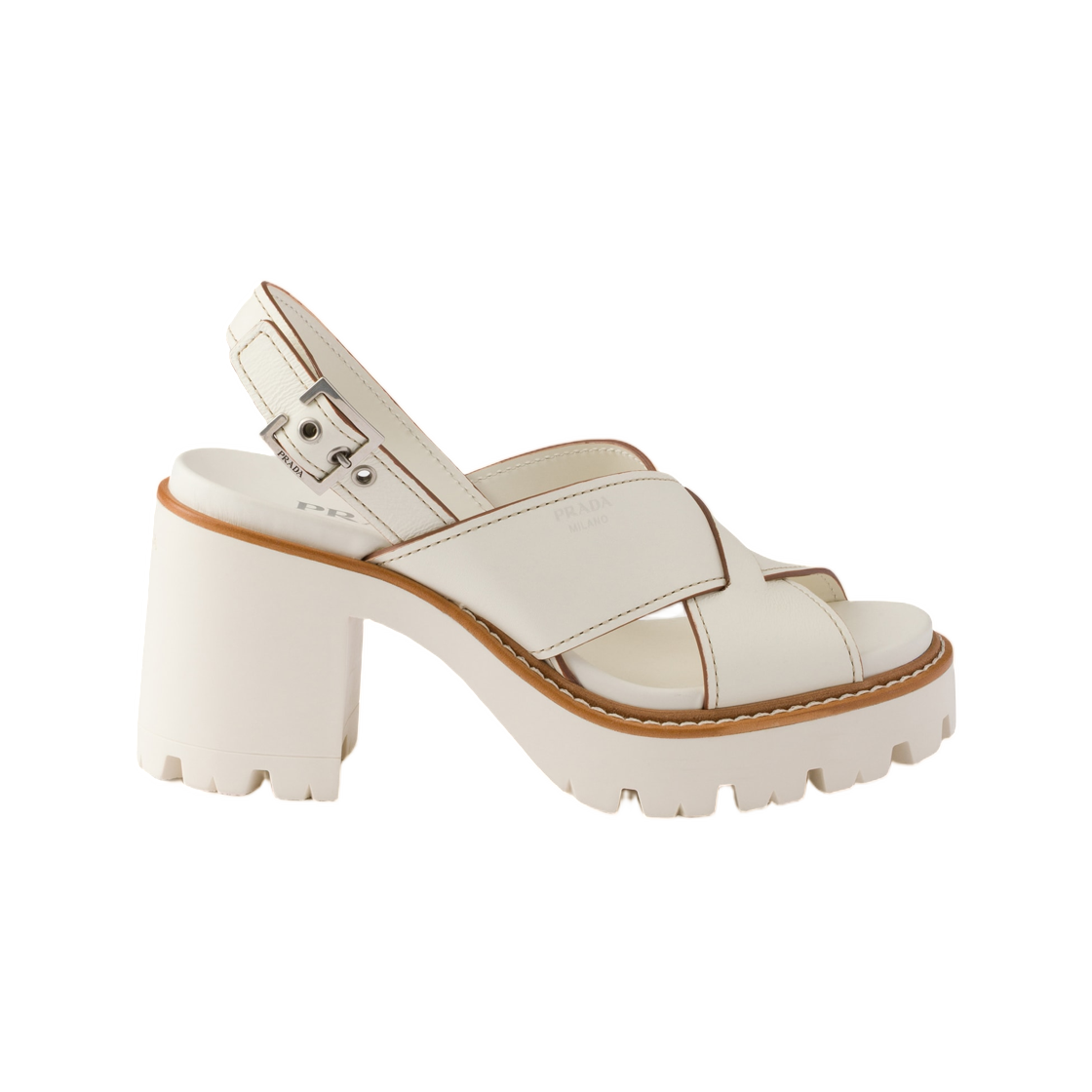 1X517O-070-F0K74 (W) Prada Crisscross Leather Platform Sandals Chalk White