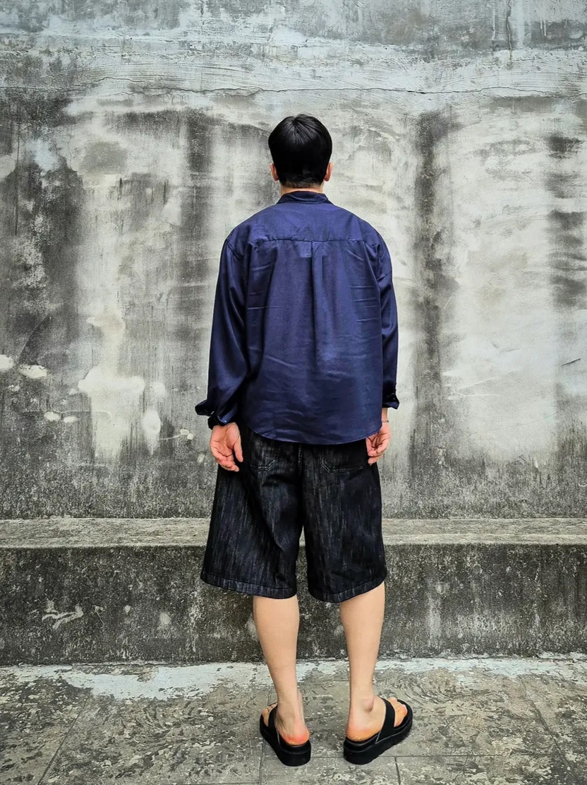 Knitted Linen Crop Shirts Linen, Knitted Linen Crop Shirts Navy 착용 스타일 - 2