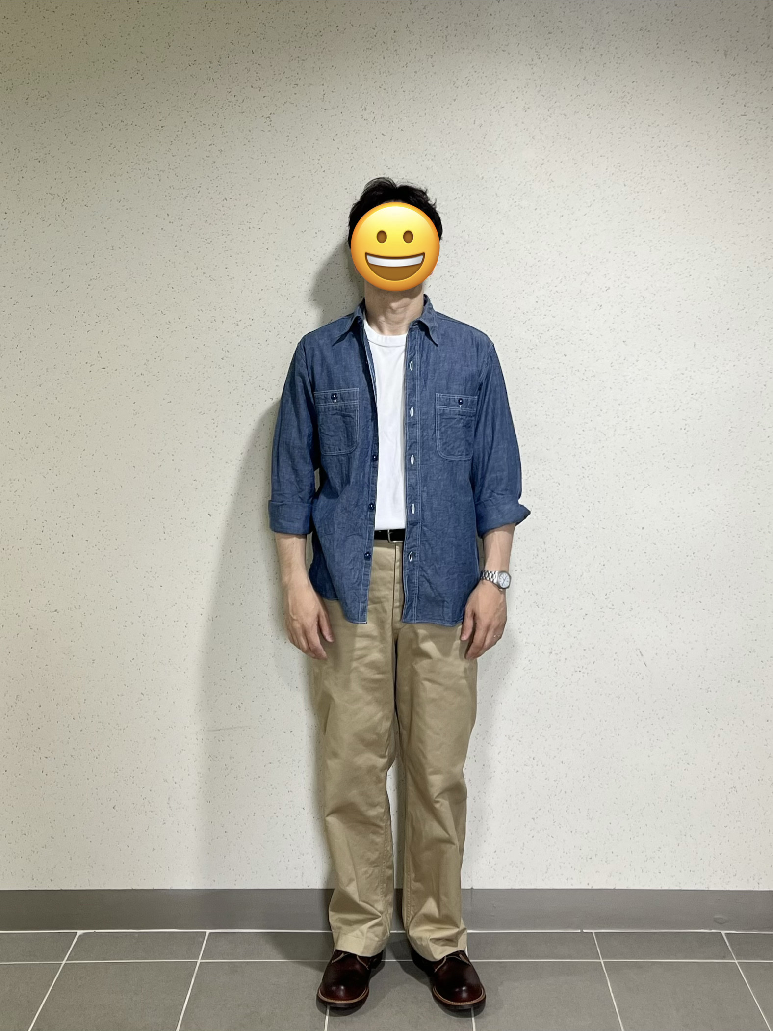 Buzz Rickson's Chambray Work Shirts Long Sleeve Blue, Hamilton Khaki Field Mechanical 38mm Stainless Steel White 착용 스타일 - 1