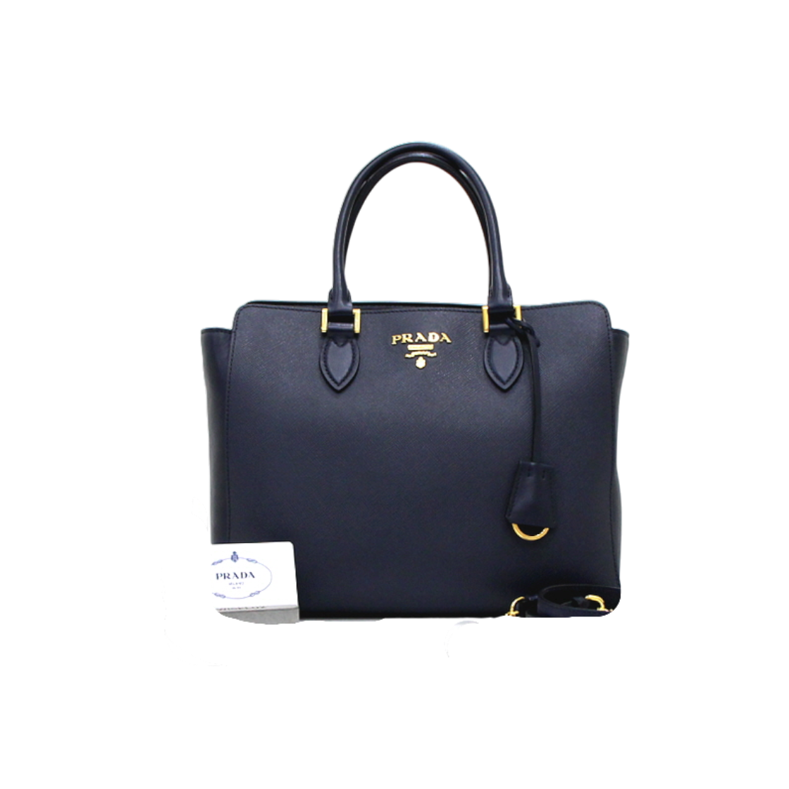 ITACT8IIA3VC Prada 1BA189 Navy Saffiano Leather Gold Logo Tote & Shoulder Bag