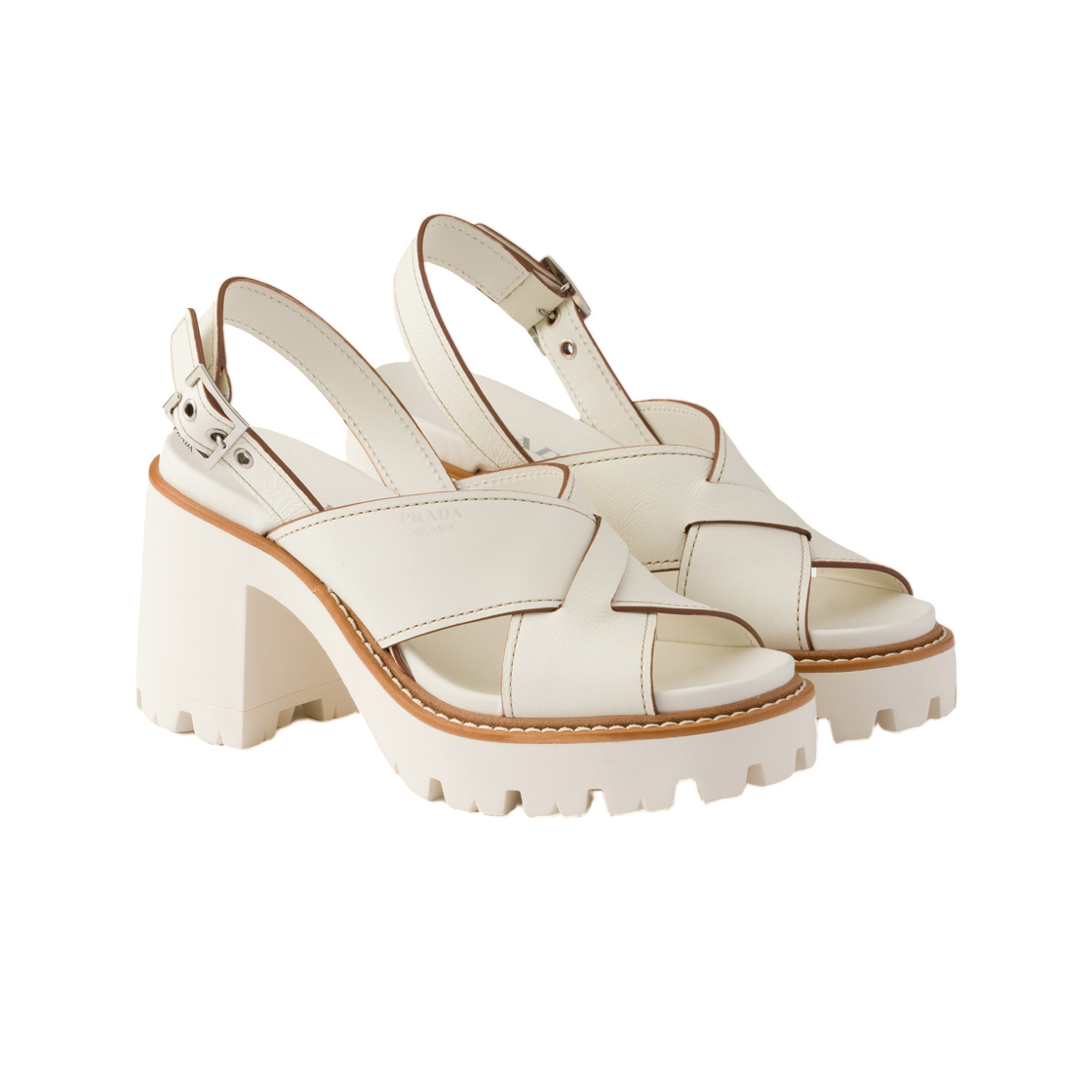 (W) 프라다 크리스크로스 레더 플랫폼 샌들 초크 화이트((W) Prada Crisscross Leather Platform Sandals Chalk White) - 2