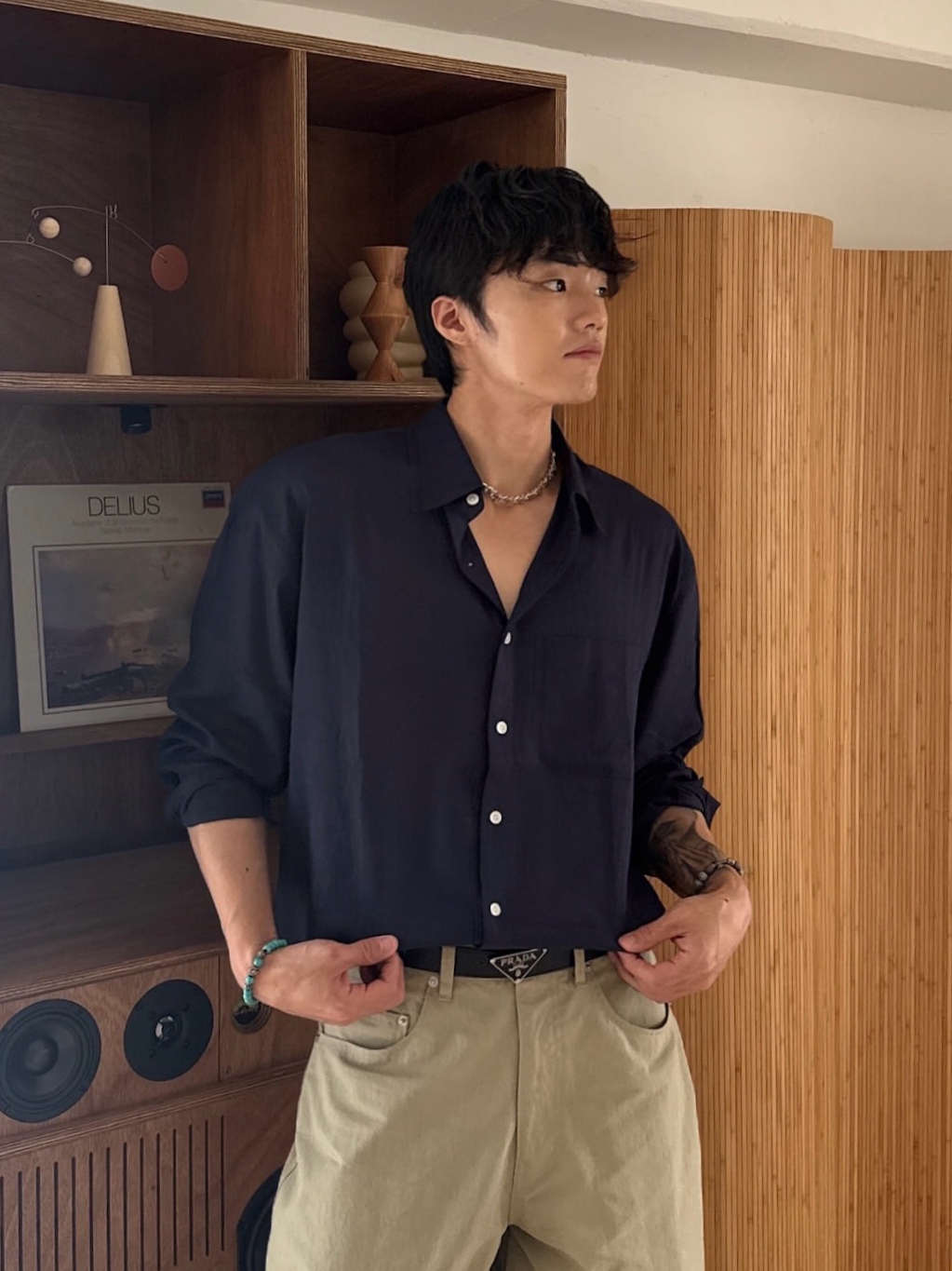 Knitted Linen Crop Shirts Linen, Knitted Linen Crop Shirts Navy 착용 스타일 - 2