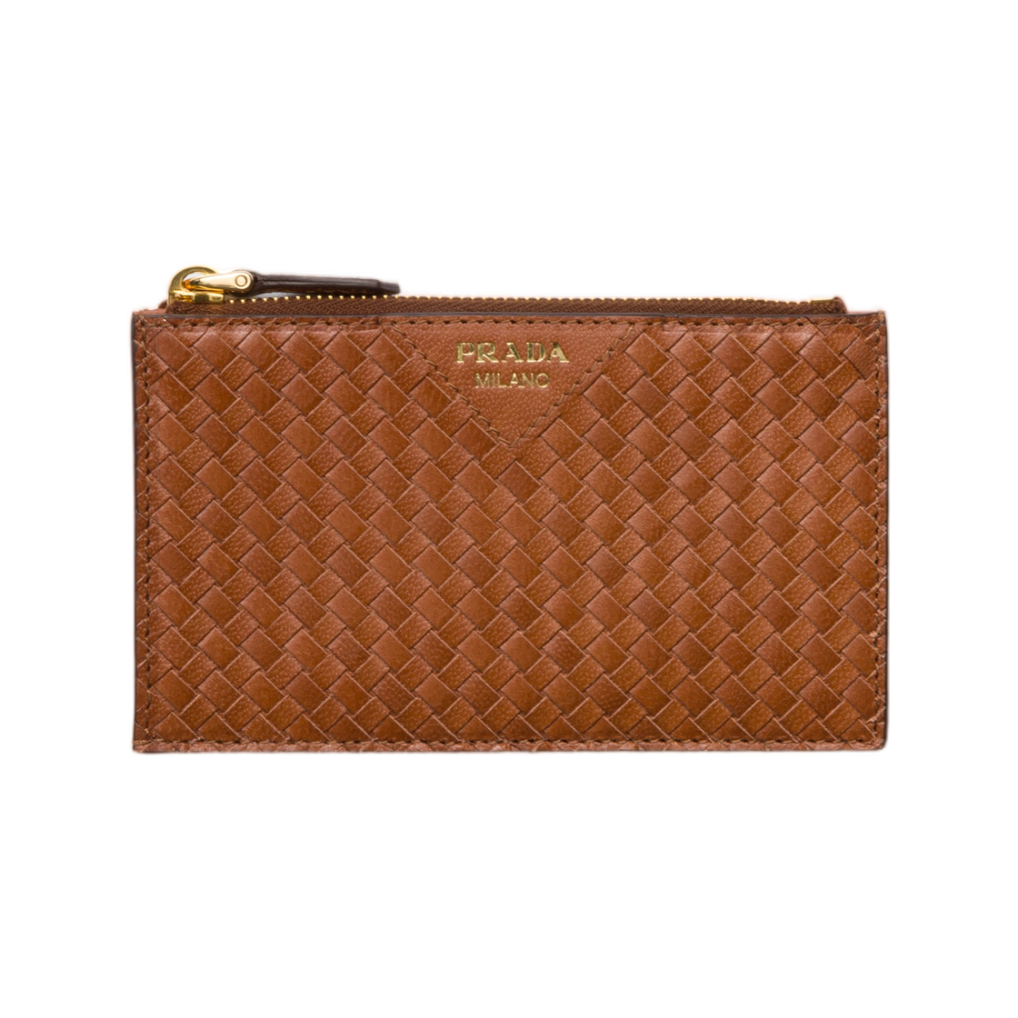 1MC086-2BE1-F0046 Prada Woven Madras Leather Card Holder Cognac