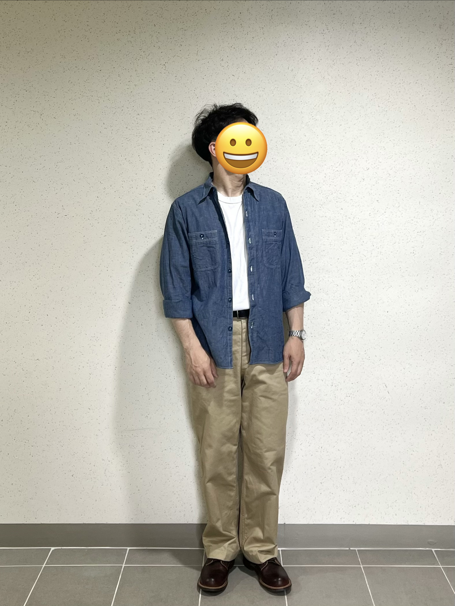 Buzz Rickson's Chambray Work Shirts Long Sleeve Blue, Hamilton Khaki Field Mechanical 38mm Stainless Steel White 착용 스타일 - 2