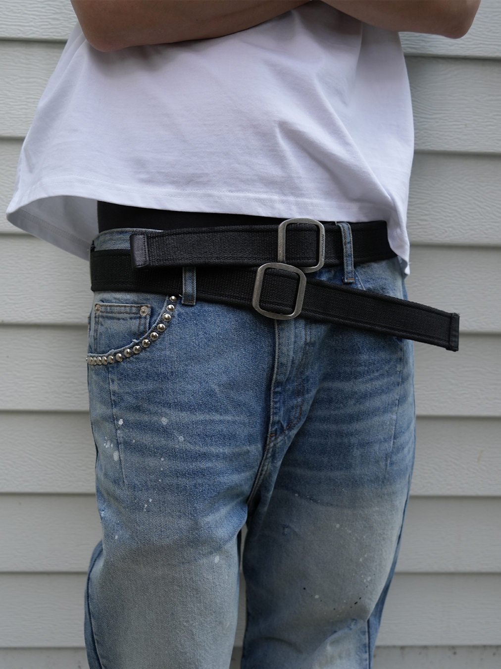 Farfromwhat Coated Double Buckle Woven Belt 착용 스타일
