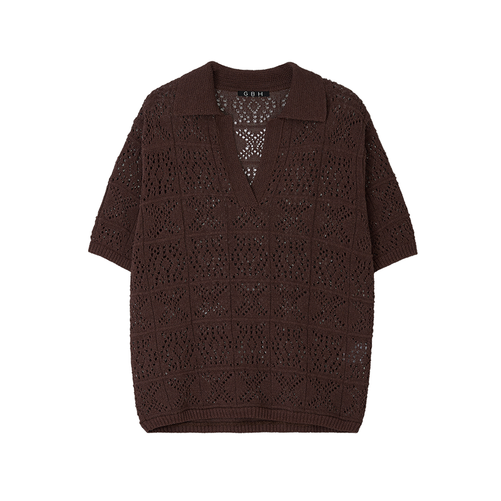 지비에이치 어패럴 크로쉐 니트 카라 탑 / 브라운(GBH APPAREL Crochet Knit Collar Top / Brown) - 1
