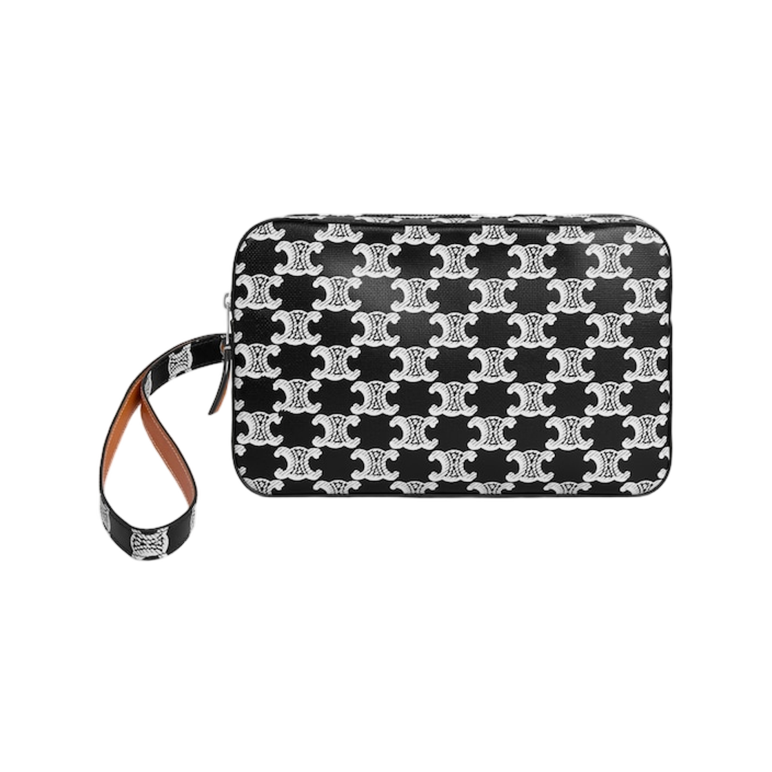 L105B4K34-09BW Celine Pouch with Strap in Triomphe Canvas and Calfskin Black White