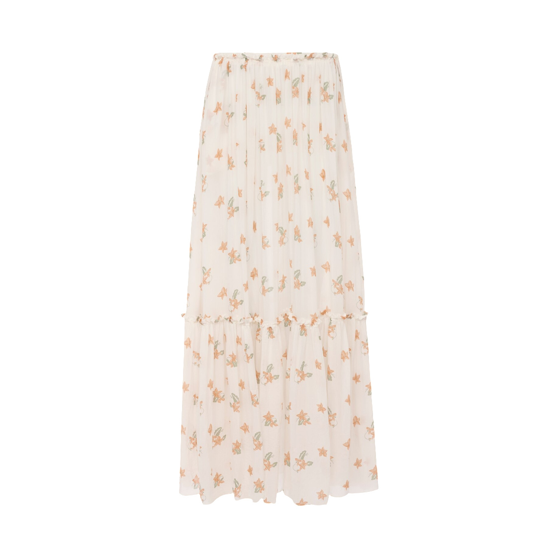 (W) 끌로에 개더드 롱 스커트 실크 샤르뫼즈 화이트 오렌지((W) Chloe Gathered Long Skirt in Silk Charmeuse White Orange)