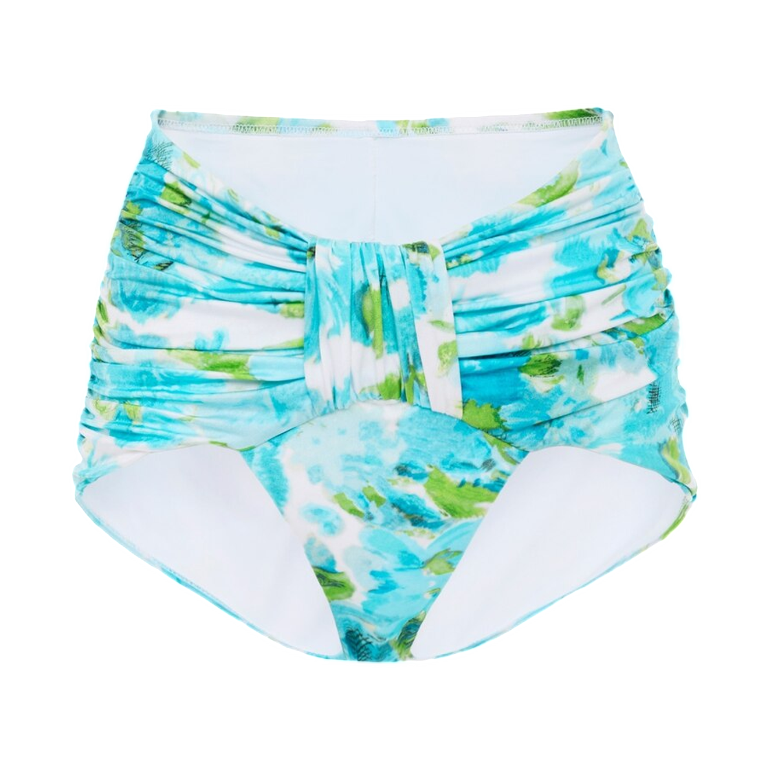 (W) 끌로에 아쿠아 플라워 프린트 미드 라이즈 드레이프 비키니 바텀 화이트 블루((W) Chloe Aqua Flower Print Mid Rise Draped Bikini Bottoms White Blue)
