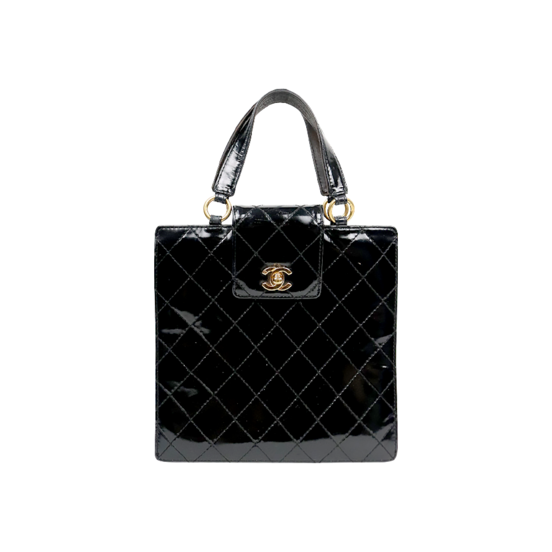IT35FNF9BPKB Chanel Black Patent Quilted CC Tote Bag