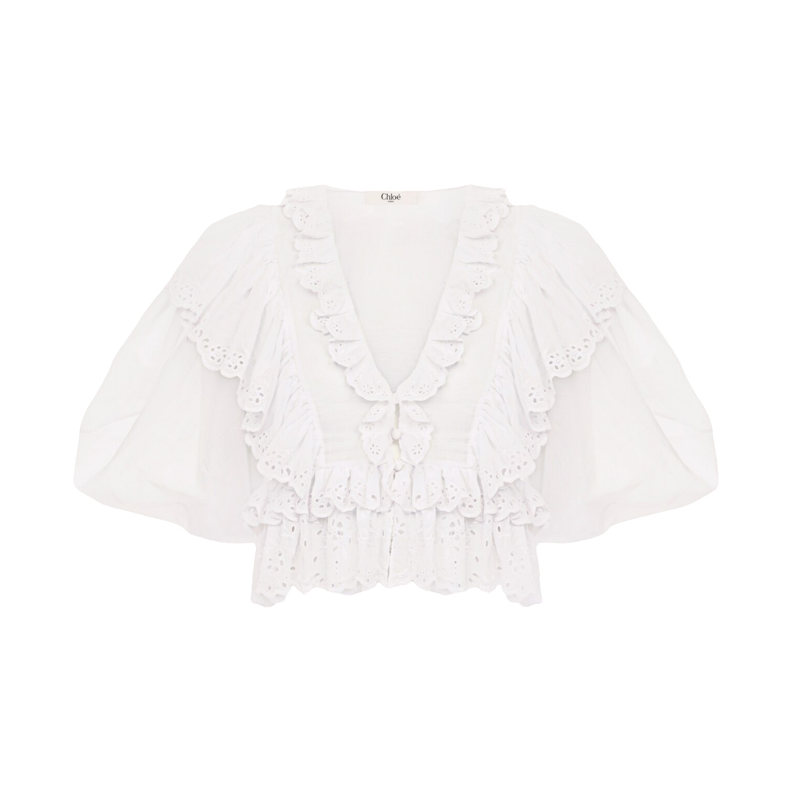 (W) 끌로에 크롭 브이넥 러플 탑 코튼 보일 아이코닉 밀크((W) Chloe Cropped V-Neck Ruffle Top in Cotton Voile Iconic Milk) - 1