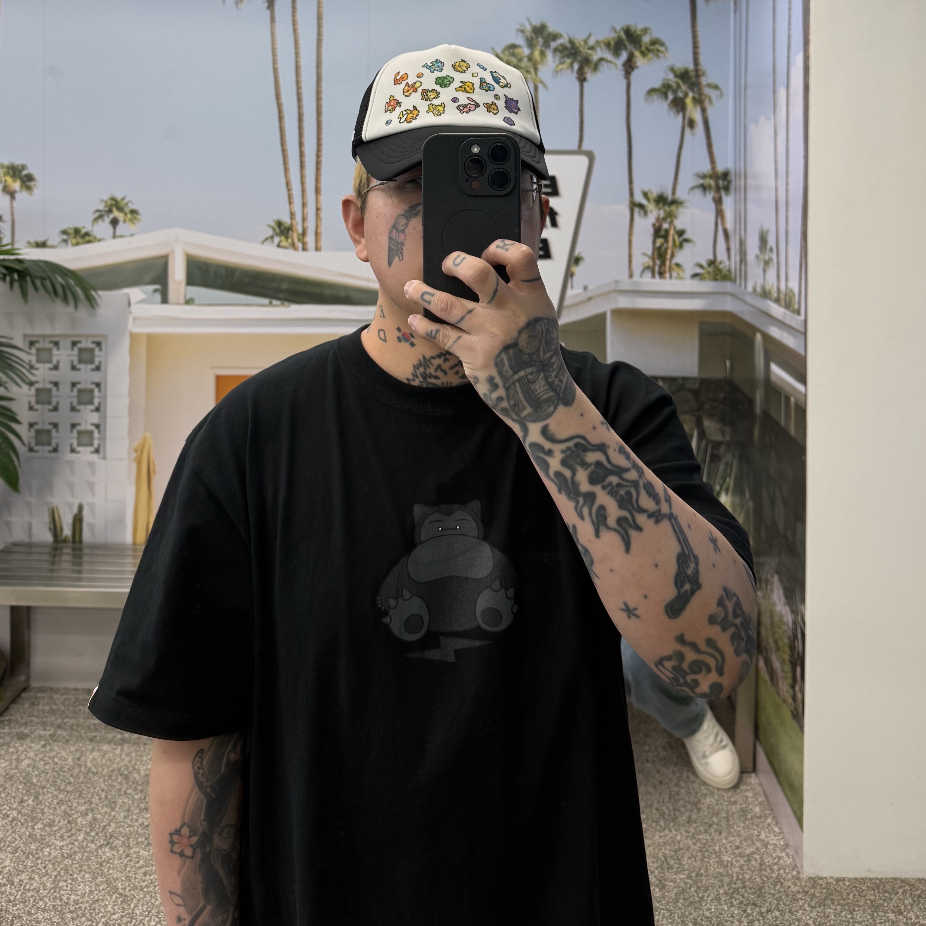 LMC x Pokemon Pixel Art Multi Trucker Cap Black, Fragment x Pokemon INN Thunderbolt Project 143 T-Shirt Kabigon Black 착용 스타일 - 2